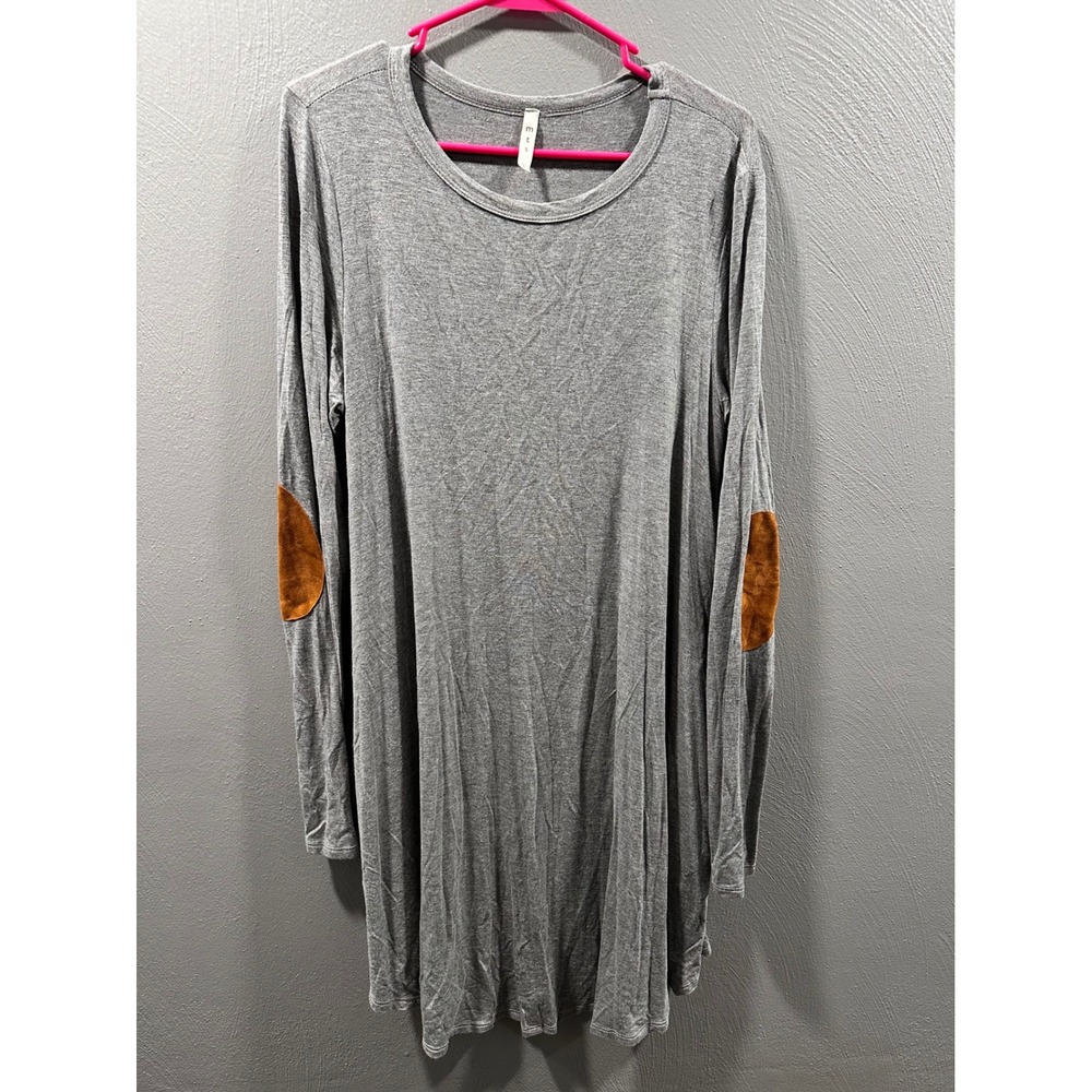 MTS Women Gray Long Sleeve Mini Dress Brown Elbow Patches Large Made in USA